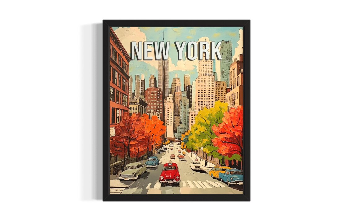 New York Autumn Street Vintage Cars Skyline Fall City Poster