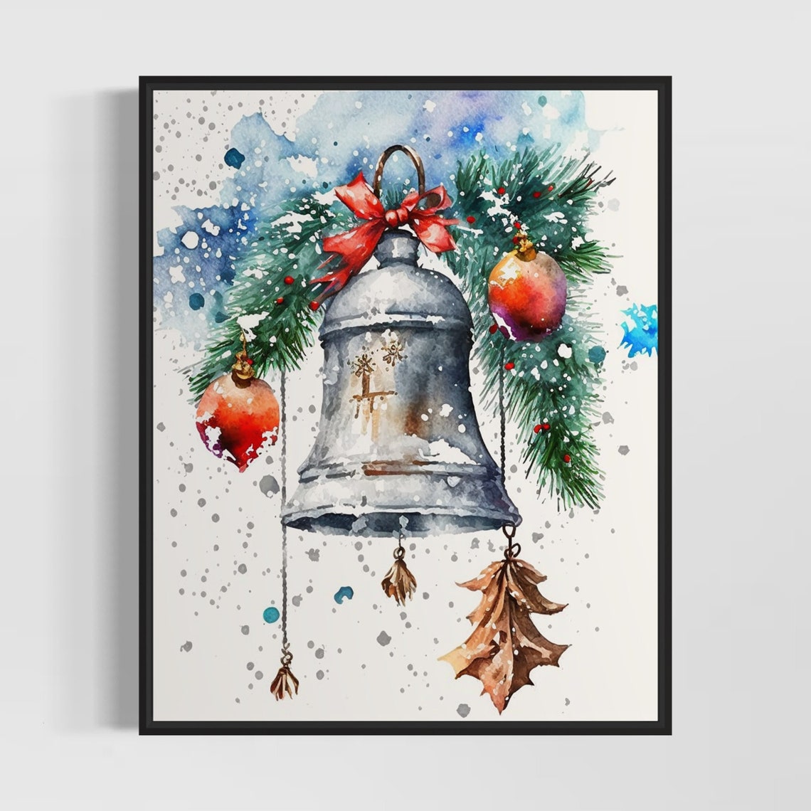 Silver Christmas Bell with Pine and Berries Watercolor Holiday Poster