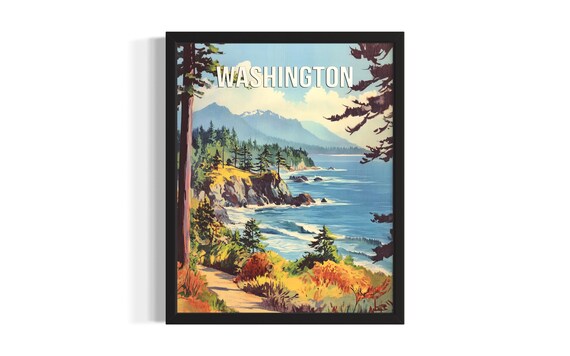 Washington Pacific Coastline Rocky Shore Pine Forest Travel Poster