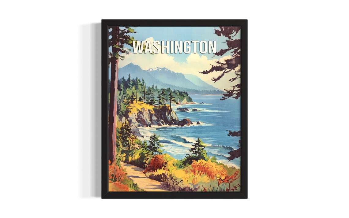 Washington Pacific Coastline Rocky Shore Pine Forest Travel Poster