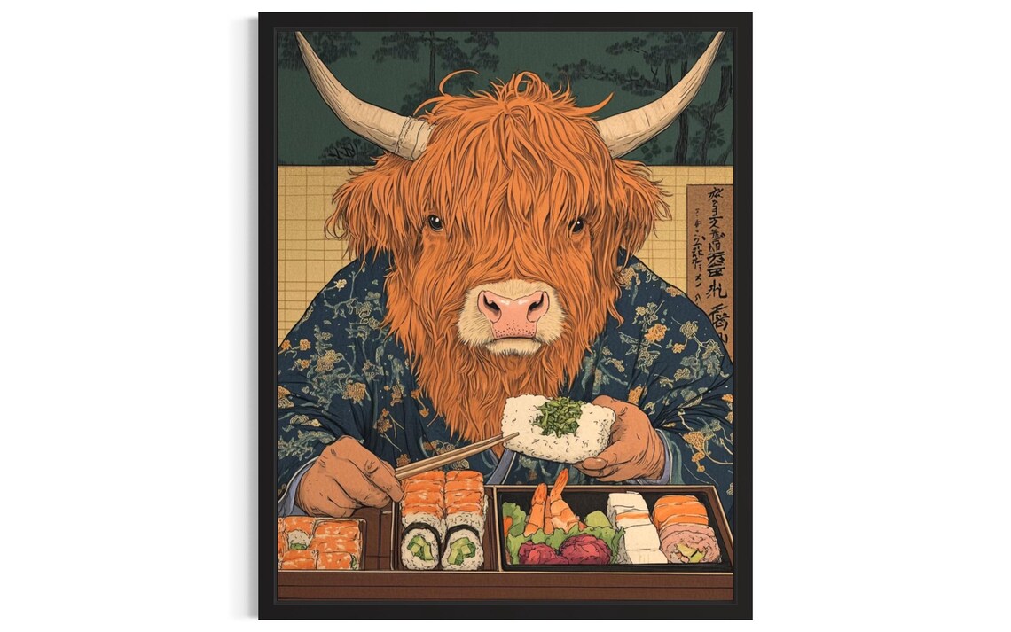Highland Cow in Kimono Eating Sushi Vintage Japanese Art Print