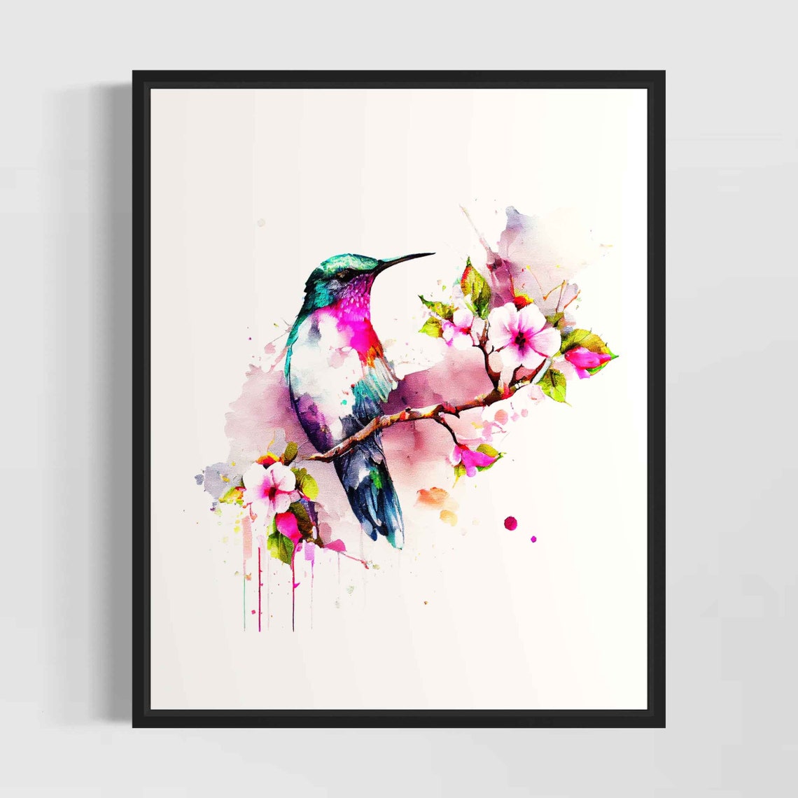 Jewel Toned Hummingbird On Blossom Branch Watercolor Bird Poster