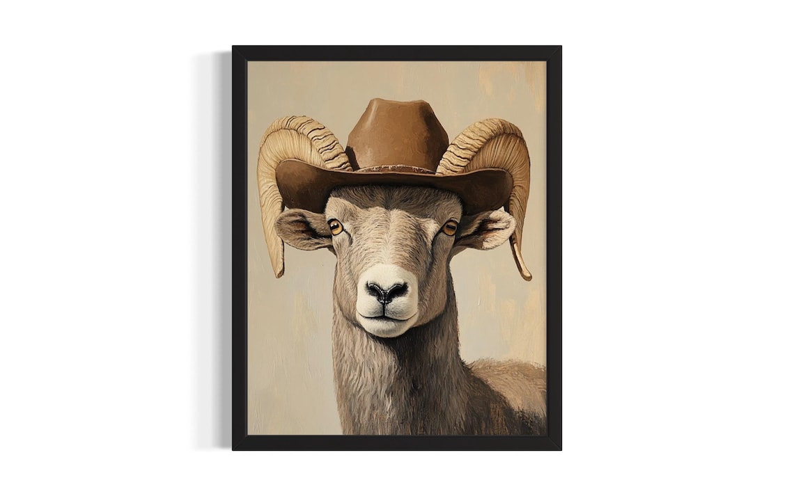 Bighorn Sheep Ram in a Cowboy Hat Desert Western Animal Art Poster