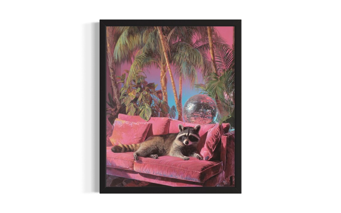Raccoon Lounging on Pink Velvet Sofa with Disco Ball Party Poster
