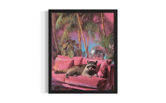 Raccoon Animal Disco Poster Art Print Living Room Wall Original Painting Artwork Decor