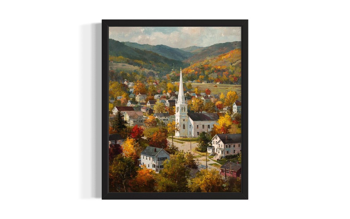 Autumn Village White Church Steeple Fall Foliage Town Poster
