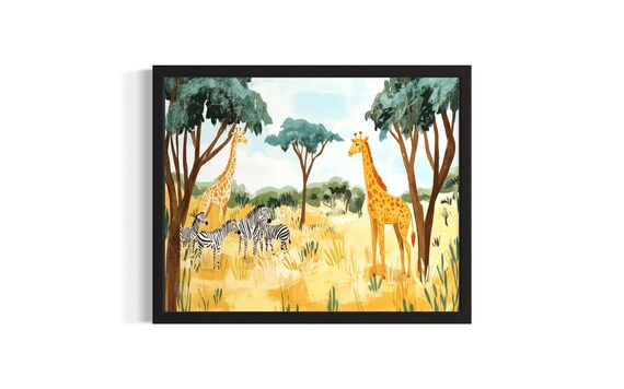 Giraffes and Zebras on African Savanna Kids Safari Art Poster
