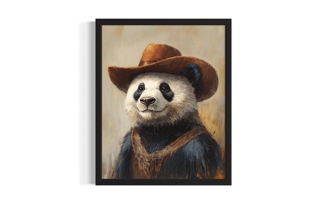 Giant Panda Wearing Cowboy Hat Western Portrait Poster Art Piece