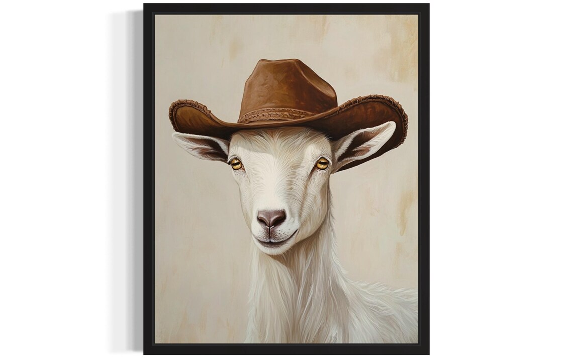 Smiling White Goat in Cowboy Hat Funny Western Farm Animal Poster