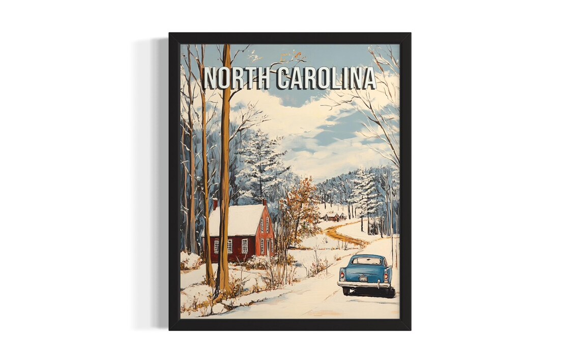 North Carolina Winter Snow Red House Vintage Car Painting Poster