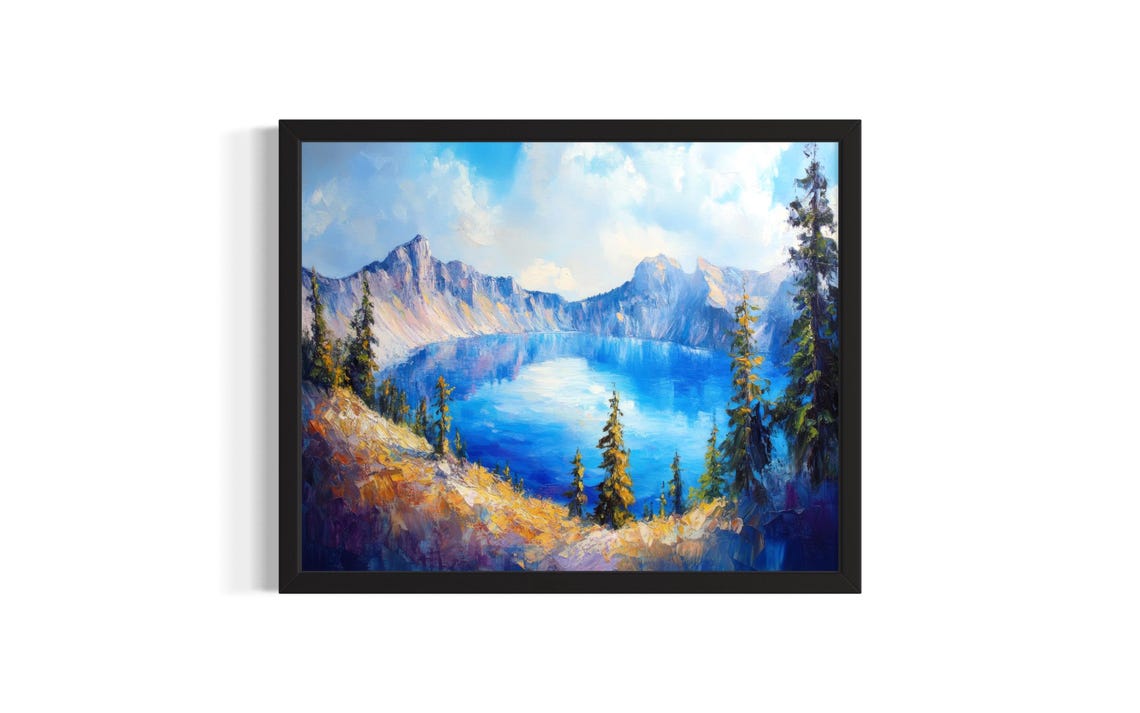 Sapphire Blue Crater Lake with Cliffs Stunning Volcano Lake Art Poster