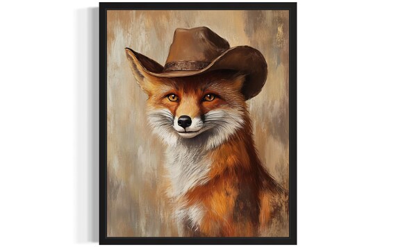 Sly Red Fox in Cowboy Hat Funny Western Woodland Animal Portrait Poster