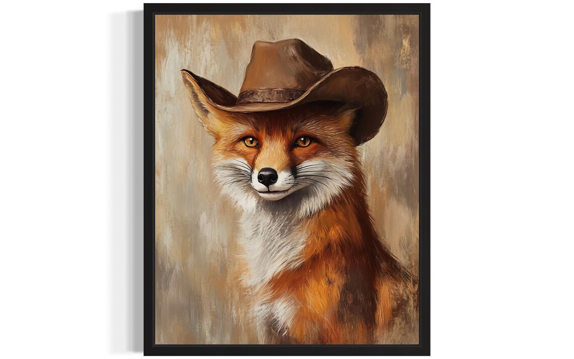 Sly Red Fox in Cowboy Hat Funny Western Woodland Animal Portrait Poster