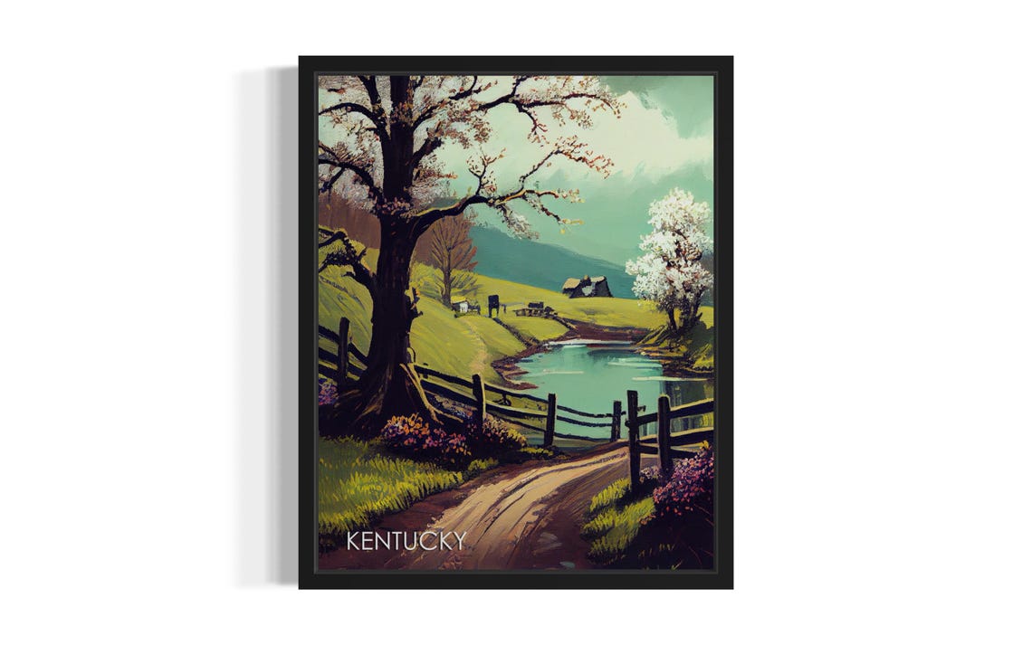 Kentucky Spring Countryside Pond Blossom Farm Landscape Poster