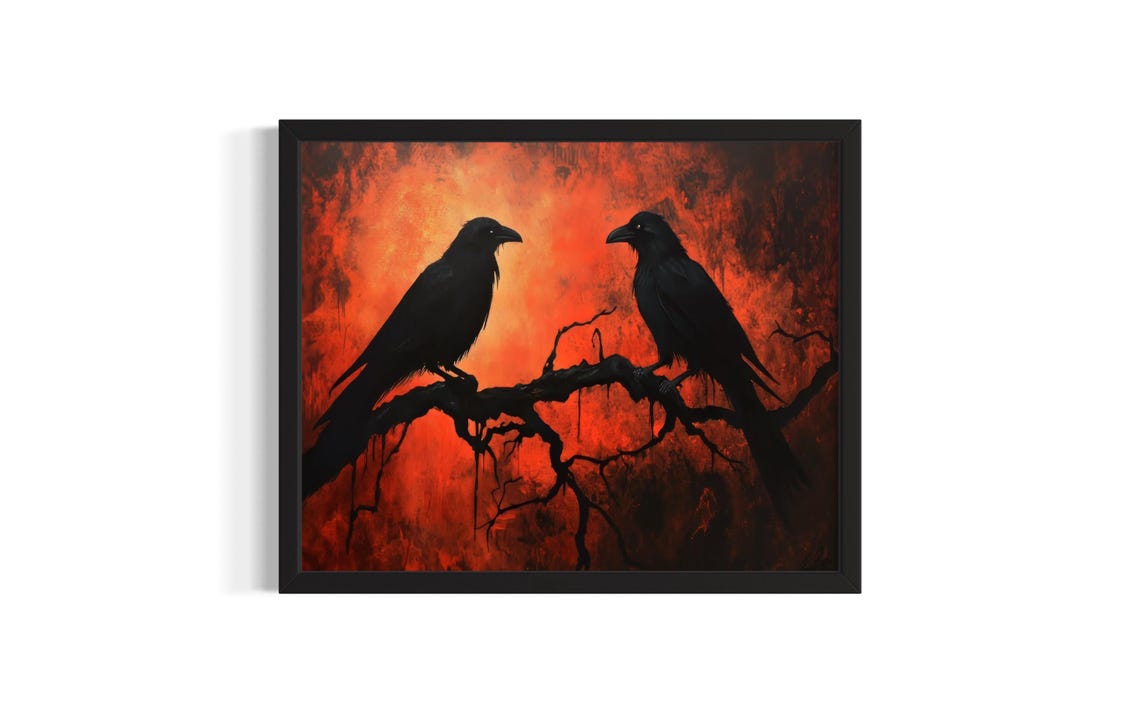 Two Black Crows Silhouette Blood Red Sky Gothic Horror Poster