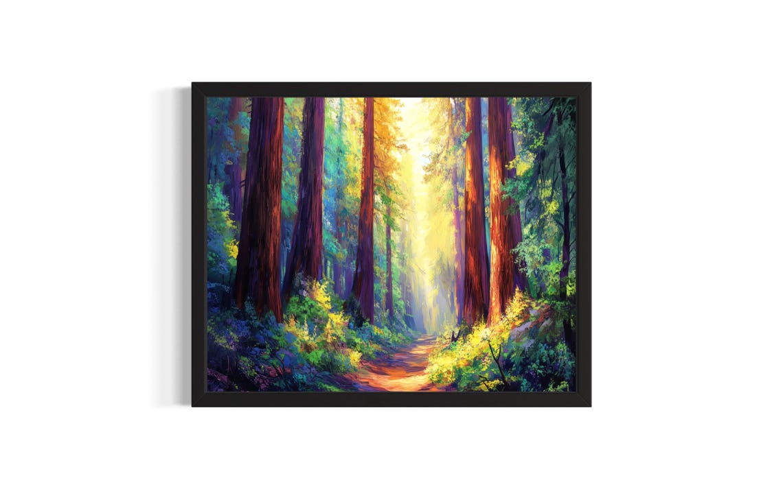 Sunlit Redwood Grove Path Golden Forest Light Nature Art Poster