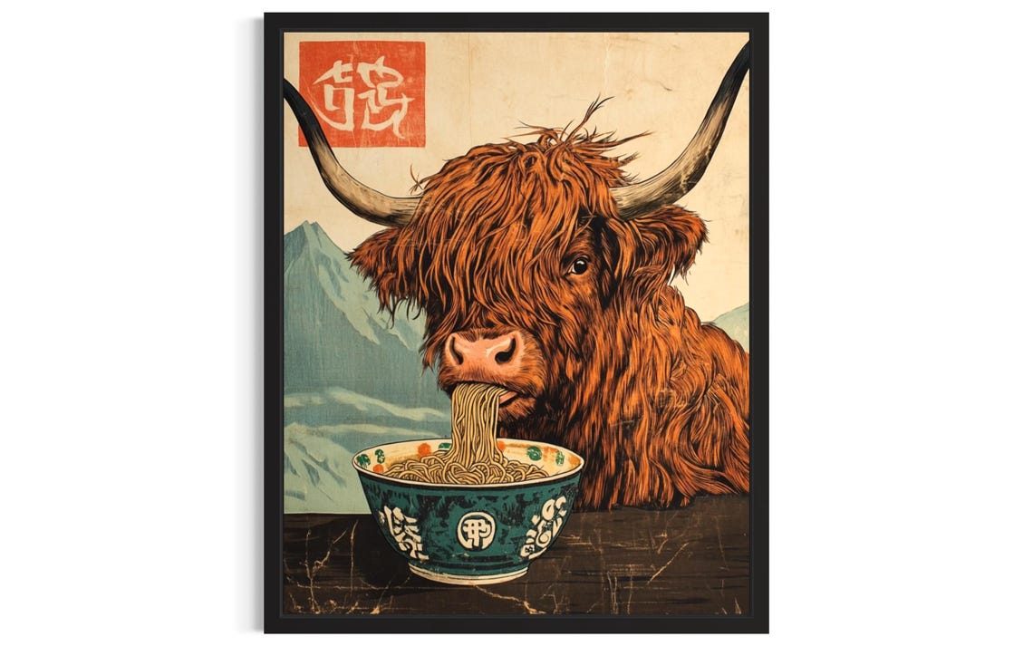 Highland Cow Eating Noodles Japanese Style Funny Animal Poster Artwork