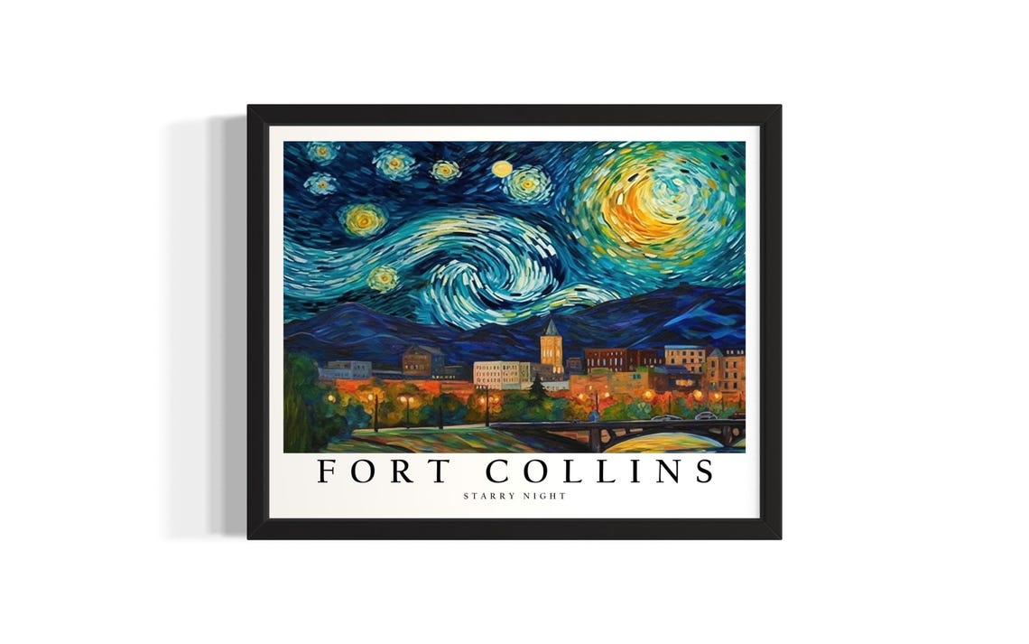 Fort Collins Starry Night Cityscape Van Gogh Style Art Poster