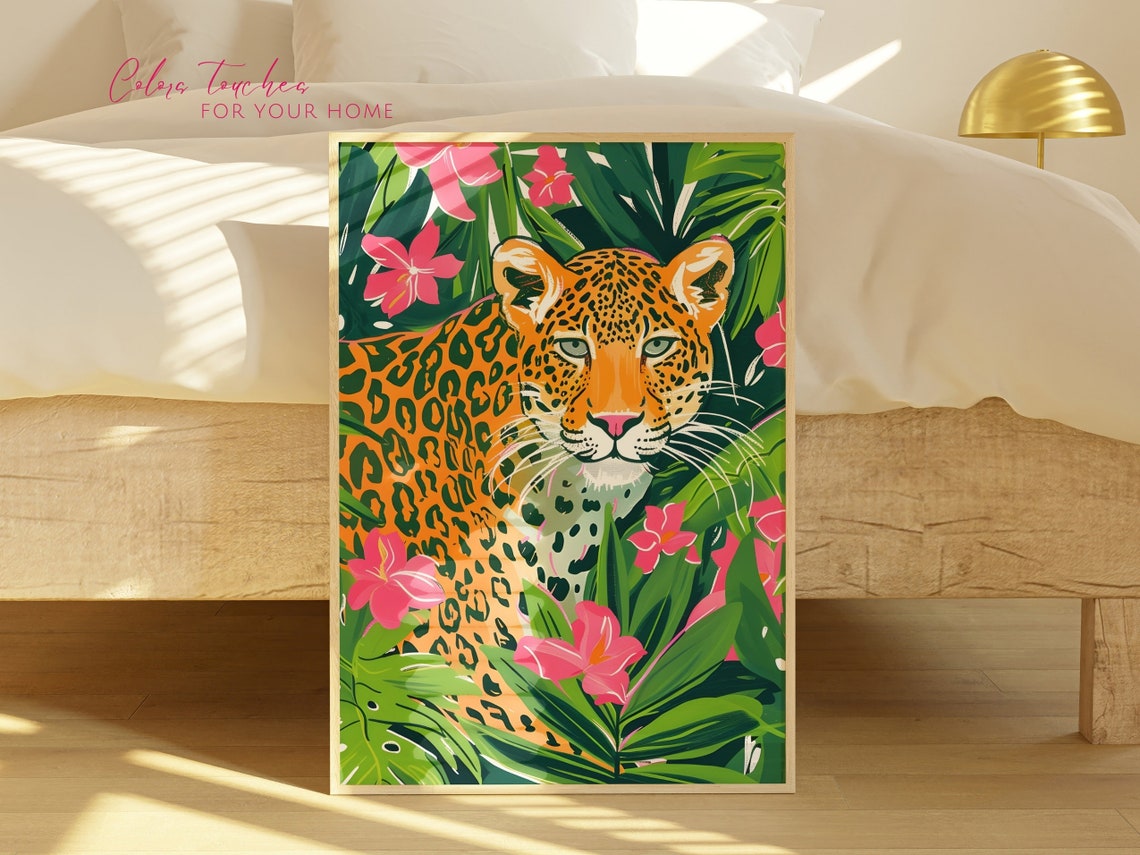 Leopard Tropical Leaves Pink Flowers Bold Wildlife Jungle Poster - Image 3