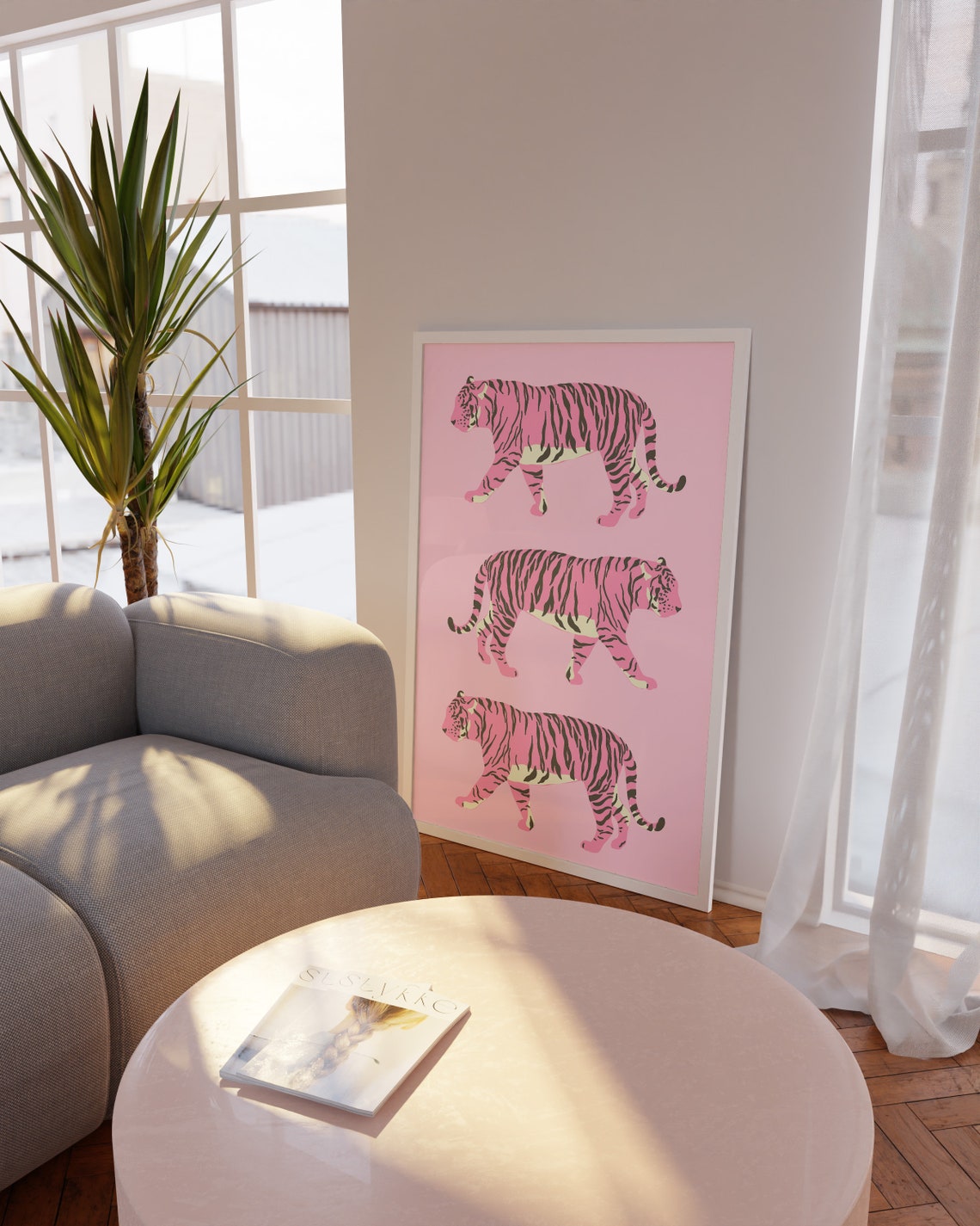 Preppy Pink Tiger Trio Bold Pop Art Animal Illustration Poster - Image 2