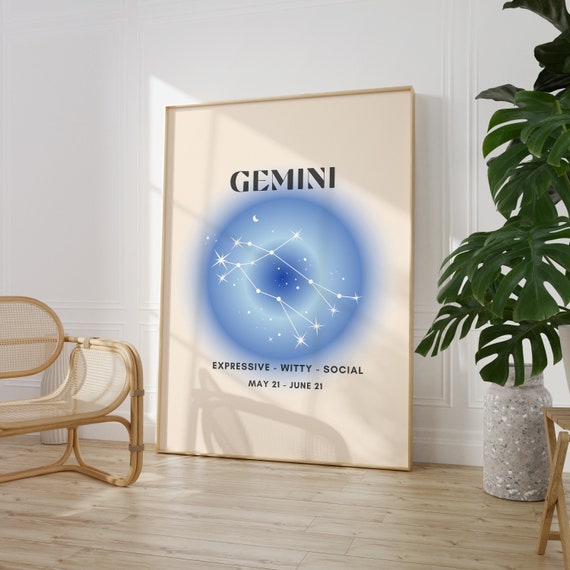 Gemini Star Sign Instant Print Zodiac Art Spiritual Wall Art Aura Gradient Poster Download