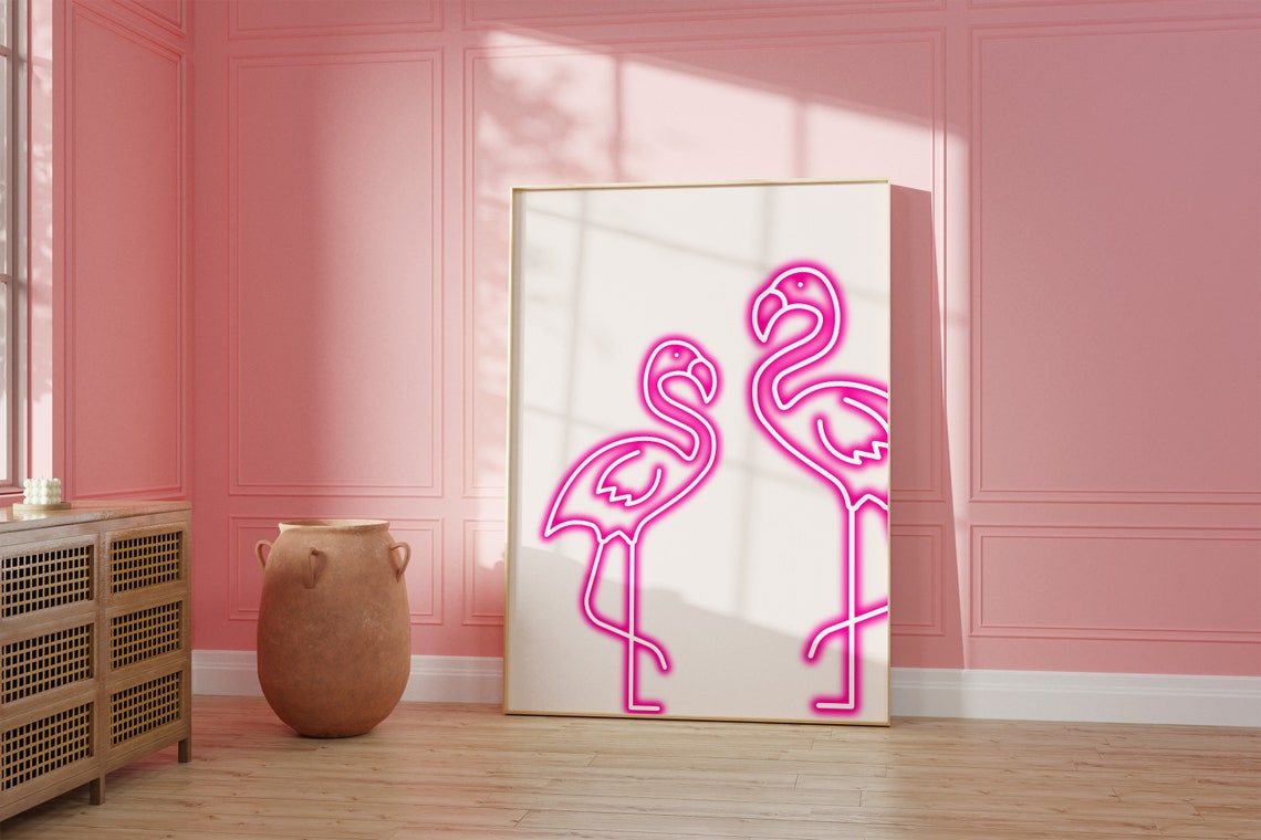 Pink Neon Flamingo Duo Tropical Glow Trendy Bedroom Wall Decor Poster - Image 2
