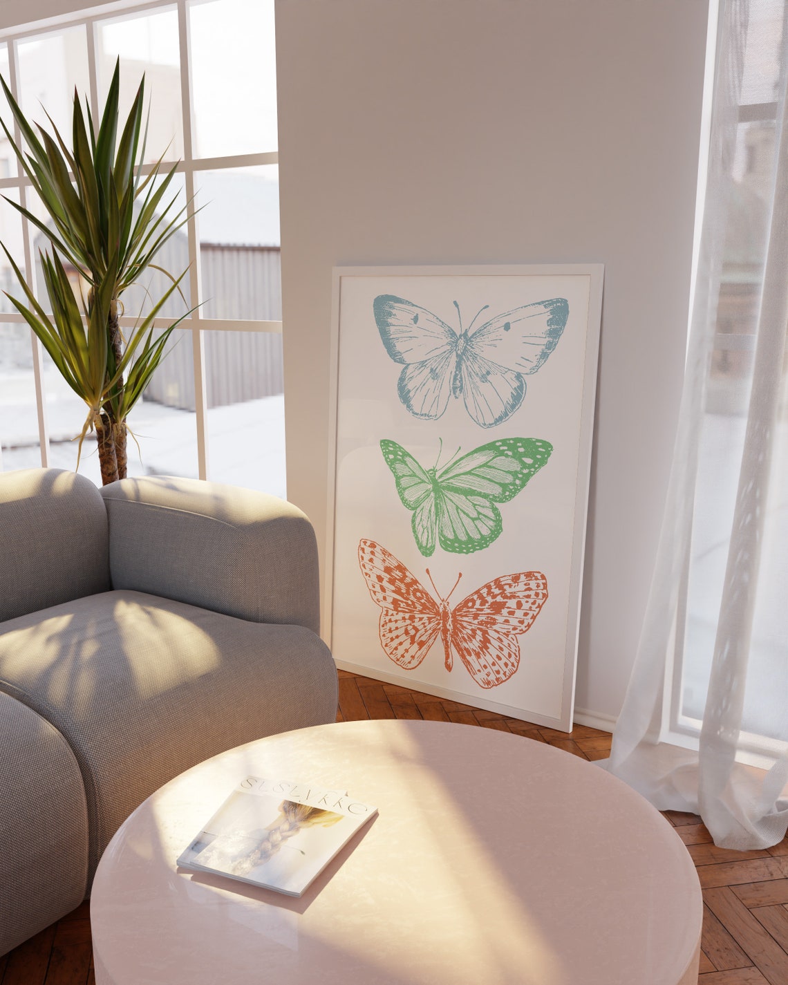 Vintage Butterfly Trio Teal Green Rust Retro Illustration Poster - Image 2