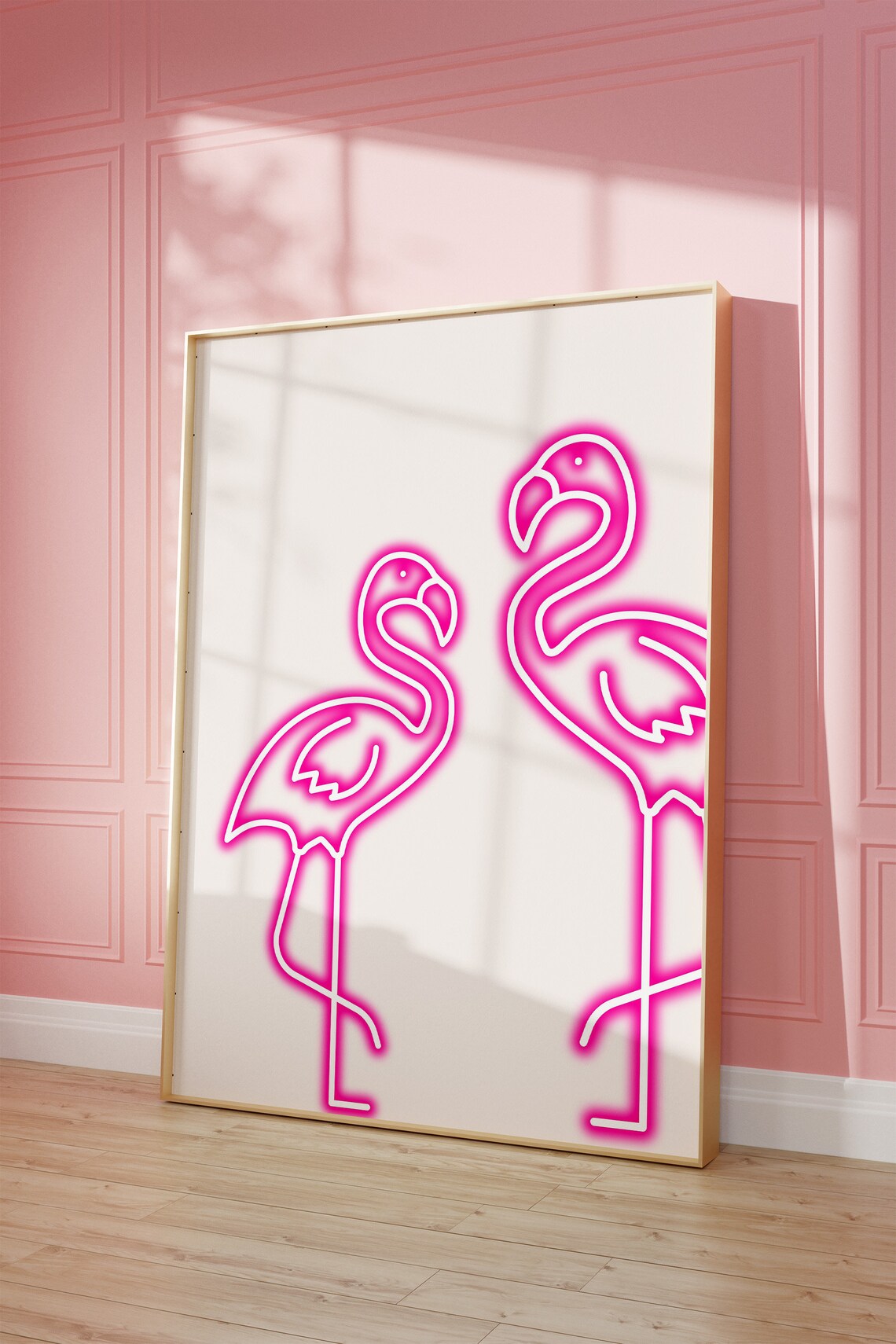 Pink Neon Flamingo Duo Tropical Glow Trendy Bedroom Wall Decor Poster - Image 4