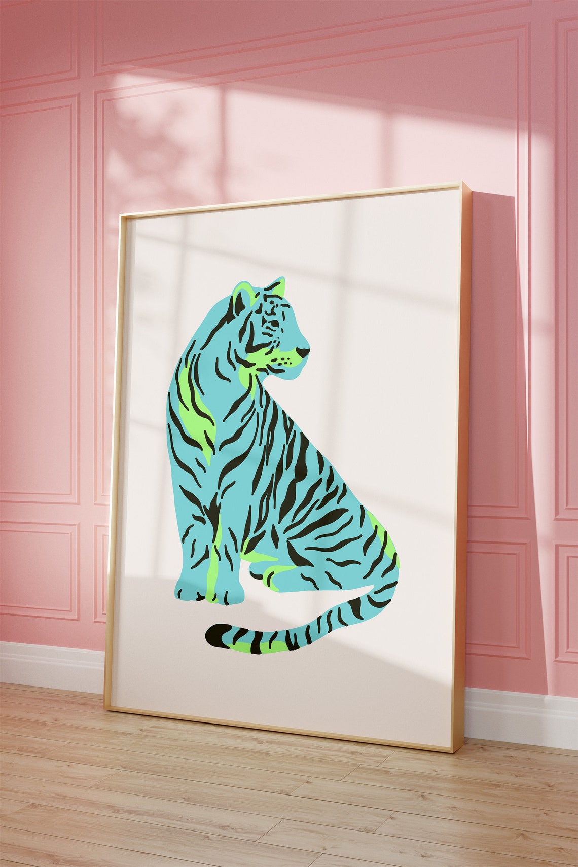 Blue Green Bold Sitting Tiger Modern Minimal Animal Art Poster - Image 3
