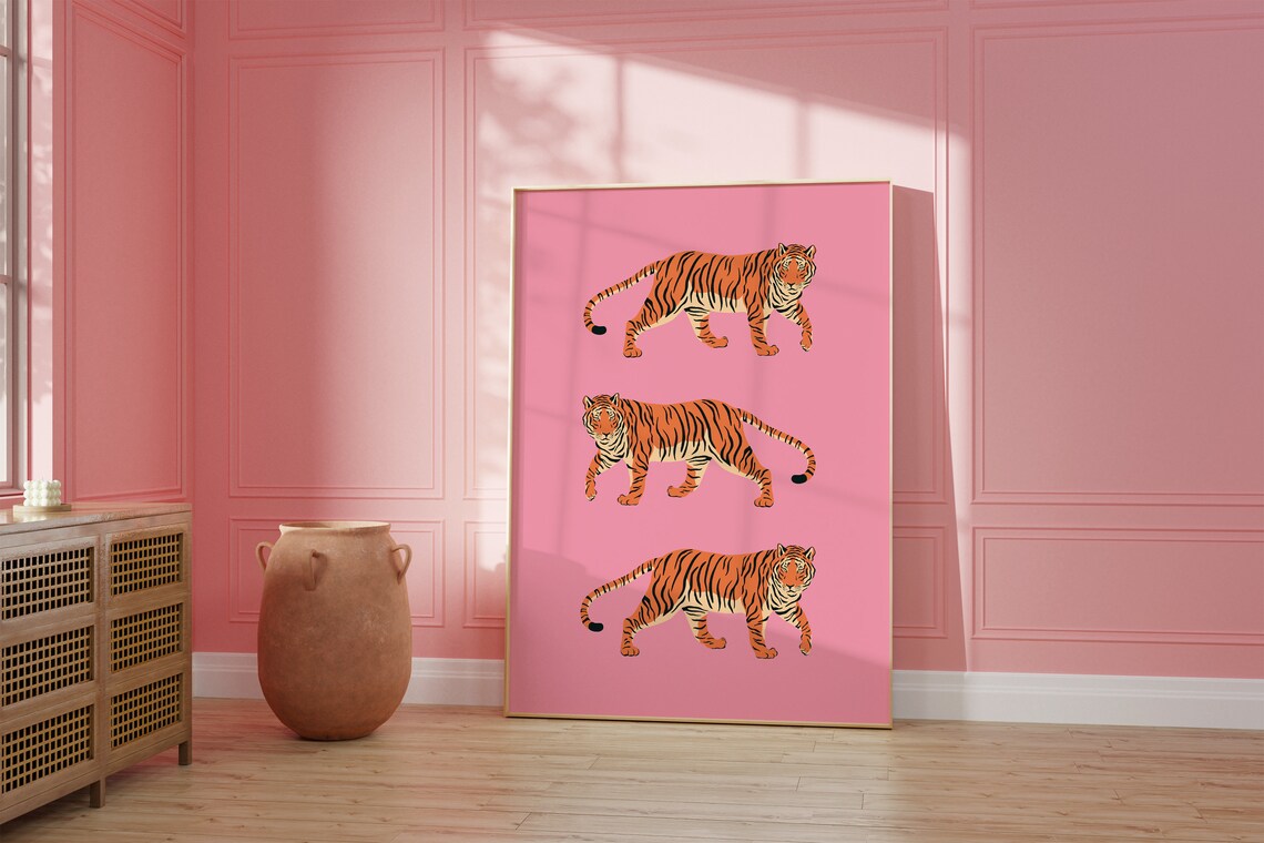 Pink Orange Tiger Print, Preppy Boho Art Print - Image 3