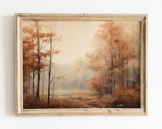 Misty Autumn Forest Stream Rustic Woodland Morning Vintage Poster
