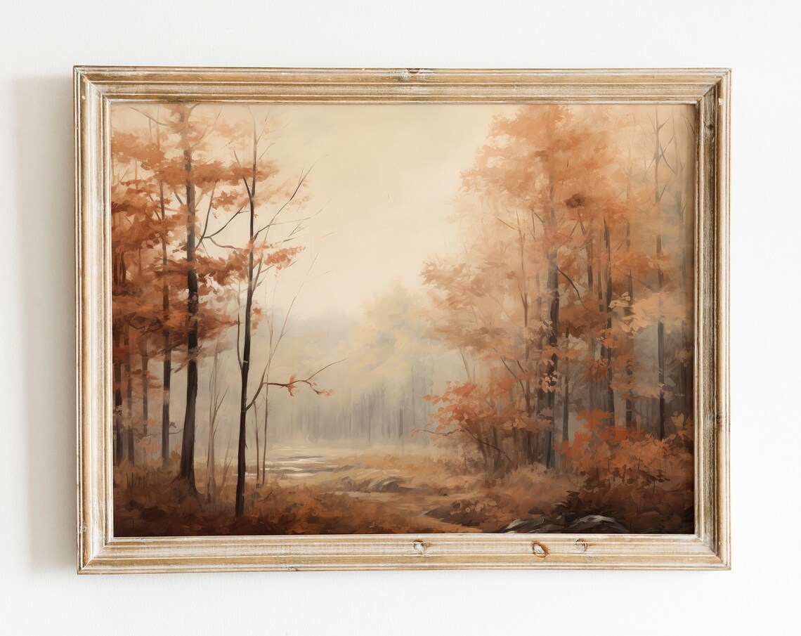 Misty Autumn Forest Stream Rustic Woodland Morning Vintage Poster