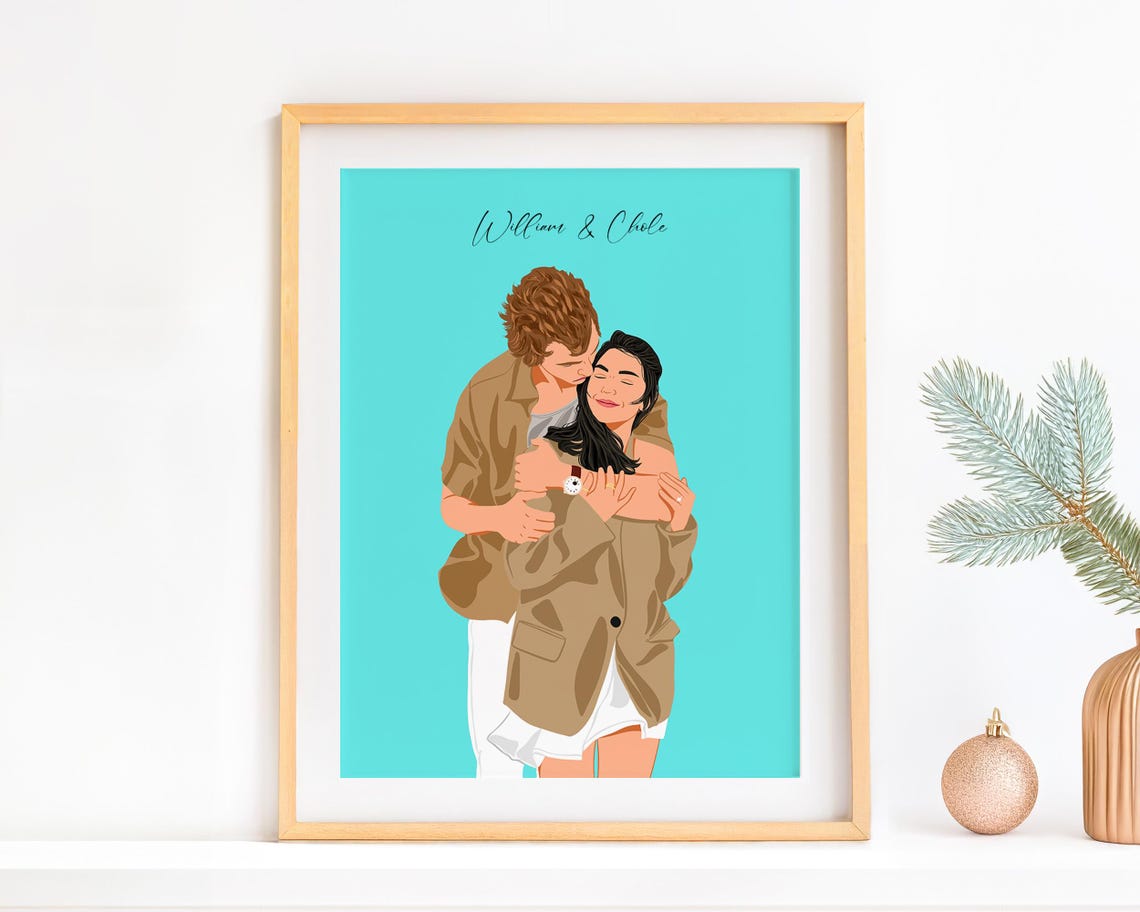 Custom Couple Hug from Behind Faceless Portrait Illustration Poster