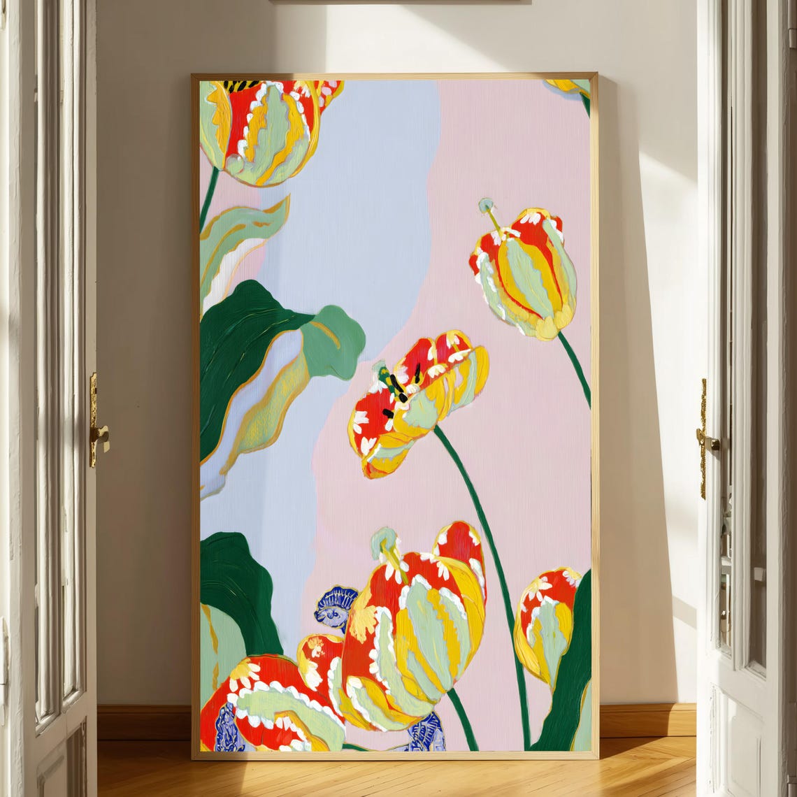 Bold Modern Parrot Tulips Red Yellow Folk Art Pink Floral Poster