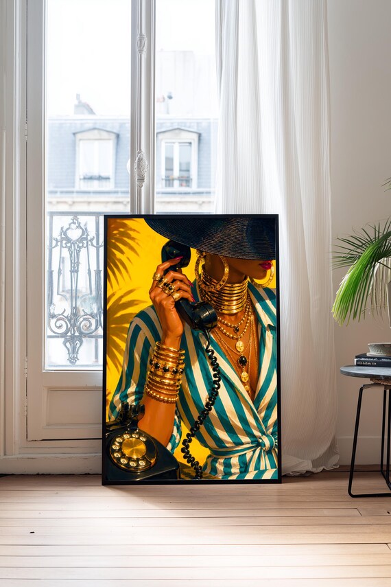 Afro Woman Portrait Art Print Gold Jewelry African Decor Modern Bold Poster Digital Download