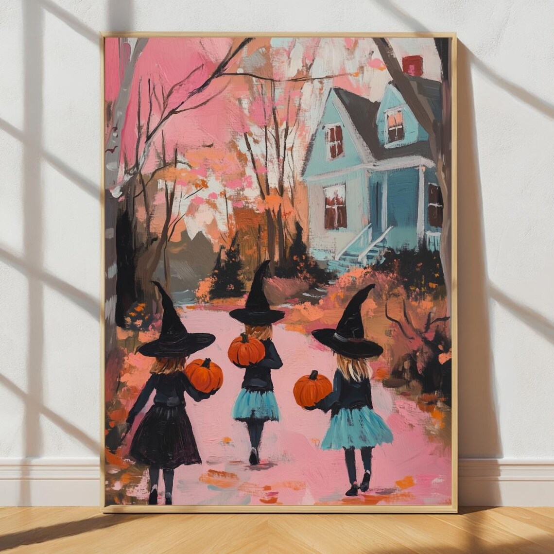 Halloween Witches With Pumpkins Trick Or Treat Autumn Night Poster