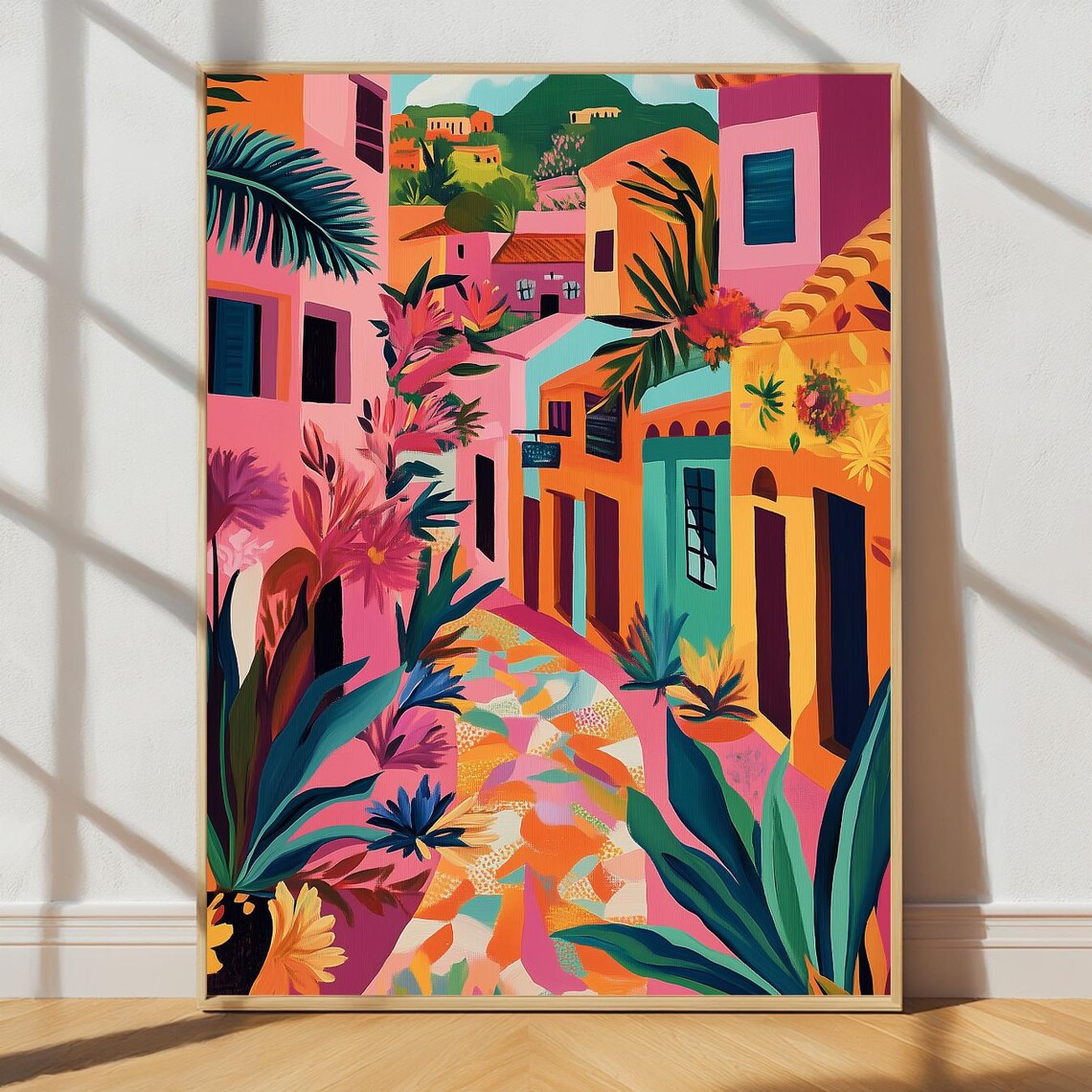 Colorful Houses Art Print, Vibrant Mexican Street
