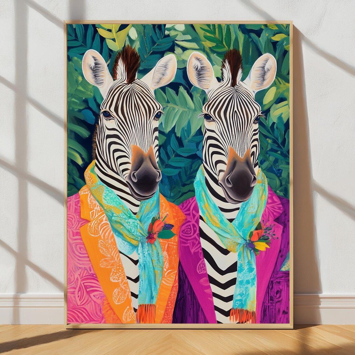 Colorful Zebra Duo In Scarves Tropical Leaves Whimsical Art Poster