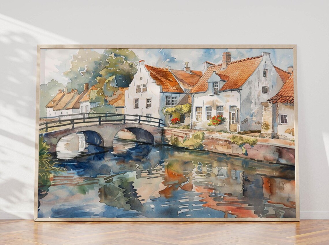 Bruges Canal Watercolor with Red Roofs and Stone Bridge Art Poster