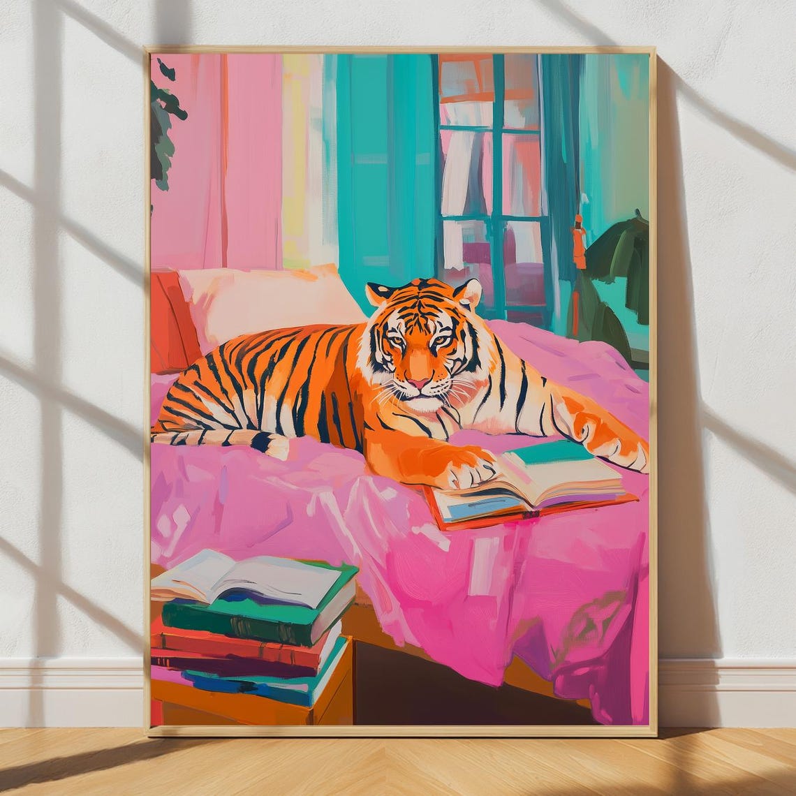 Tiger Lounging On Pink Bed With Books Maximalist Bedroom Wall Art