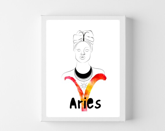 Aries Zodiac Line Art Woman Watercolor Ram Glyph Star Sign Poster