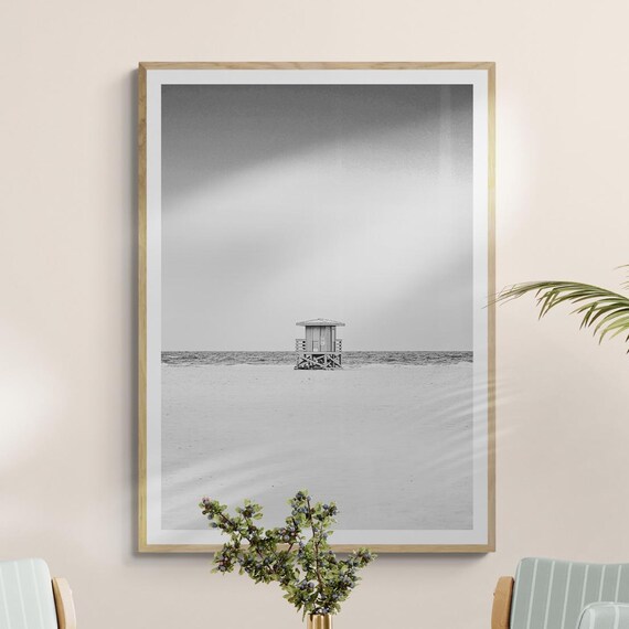 Lifeguard Tower Black and White Minimalist Beach Photography Poster