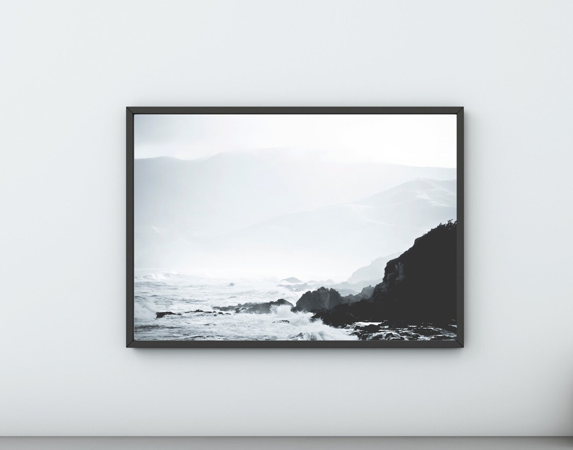 Black White Ocean Waves Rocky Coast Misty Sea Photography Poster - Image 3