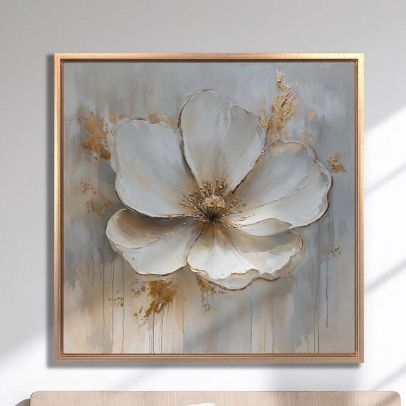 White Flower With Gold Accents Wall Art Luxury Floral Painting Print Large Elegant Wall Decor Modern Botanical Poster Ready To Hang