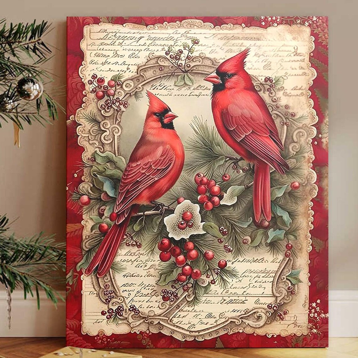Pair of Red Cardinals on a Berry Branch Vintage Script Art Poster