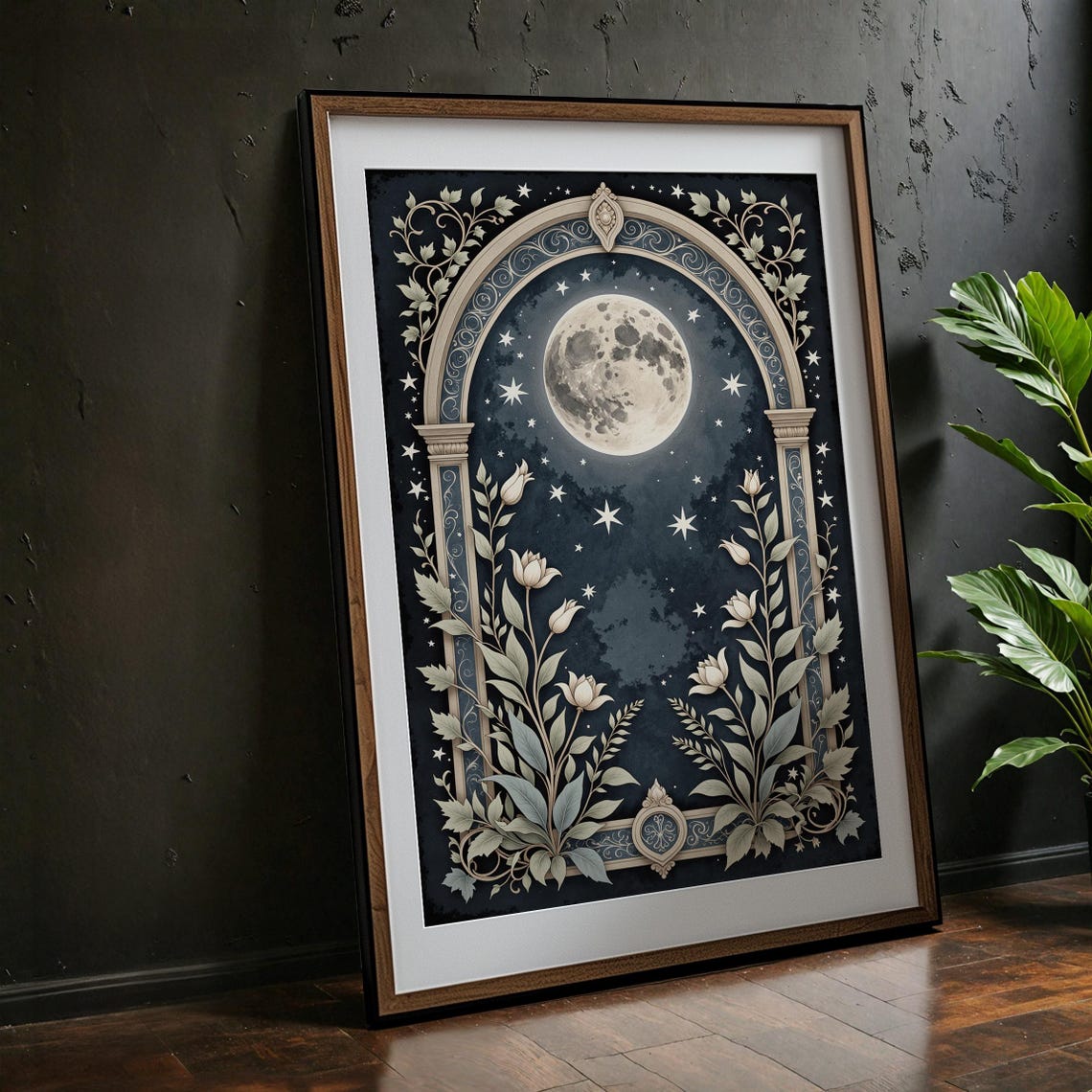 Moonlit Gothic Garden Celestial Moon Floral Night Art Poster