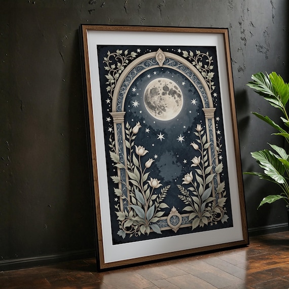 Moonlit Gothic Garden Celestial Moon Floral Night Art Poster