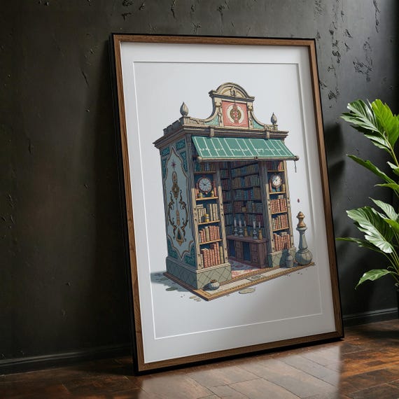 Vintage Library Art Print Cozy Bookstore Illustration