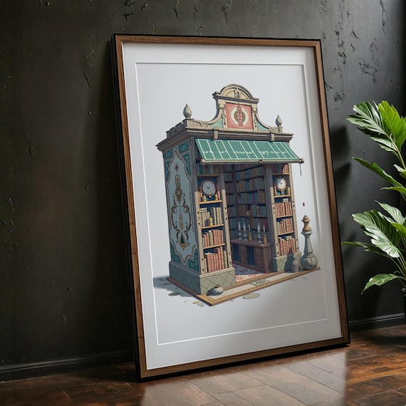 Vintage Library Cozy Bookstore Illustration Bookshelf Wall Art