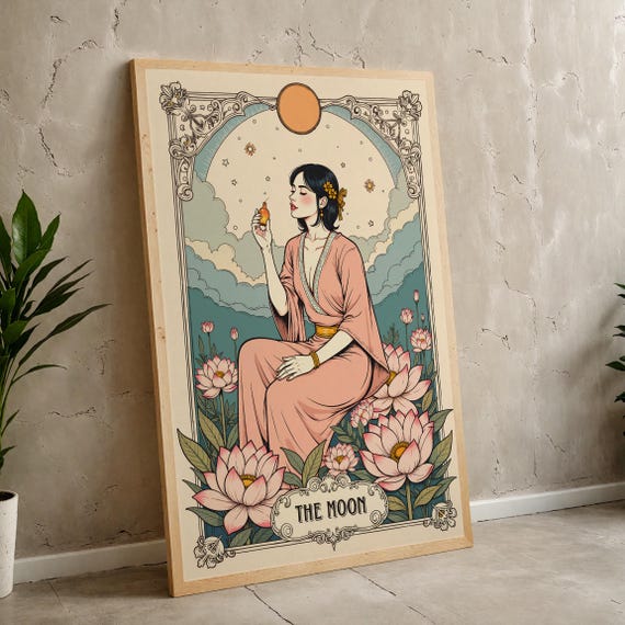 Elegant Moon Tarot Vintage Boho Art Print Of Woman And Flowers Celestial Wall For Home Decor Astrology Gift